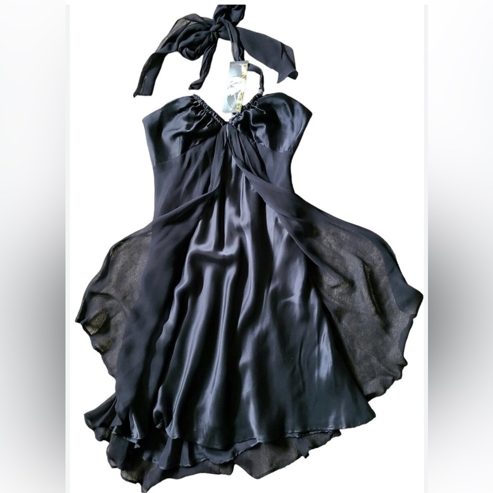 Donna Ricco Black 100% Silk scarf drawstring neck sexy Halter Cocktail Dress